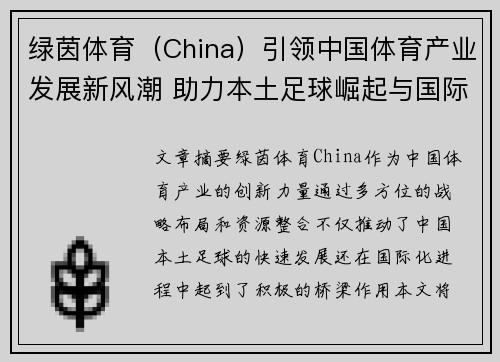 绿茵体育（China）引领中国体育产业发展新风潮 助力本土足球崛起与国际化进程